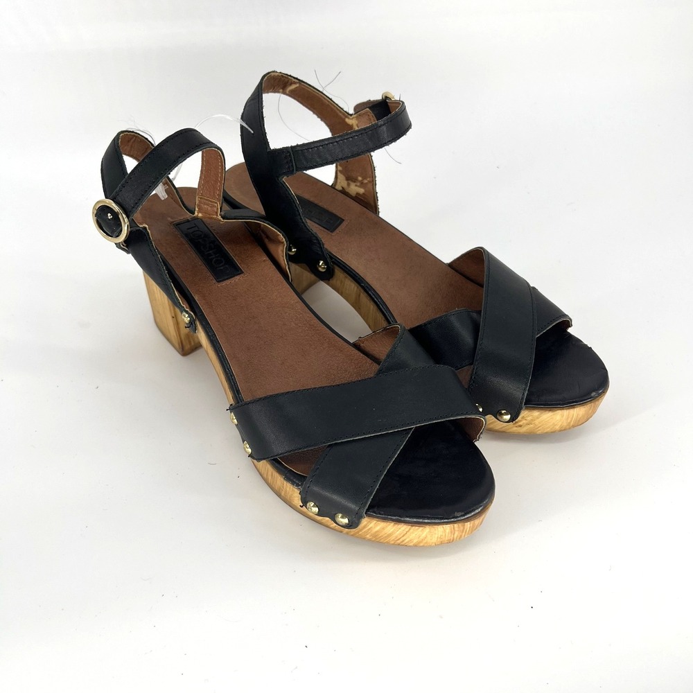 Topshop Veronica Leather Clog Sandals Block Heel Women's Black Size US7 EU38